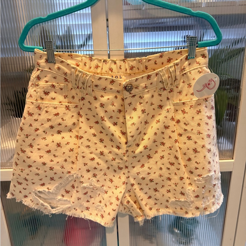 POL Cream Jean Shorts with Pink Floral Print